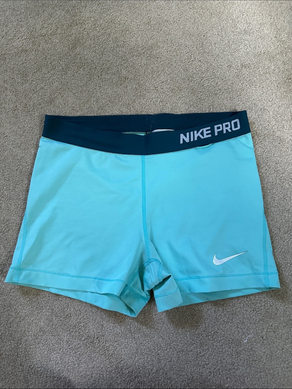 Nike Pros Light Teal 3” Spandex with Navy Waistband Women’s Large